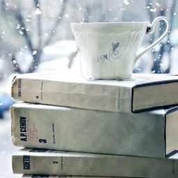 Books with snow and coffe cup 